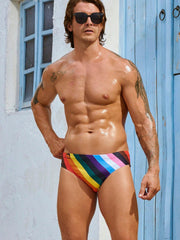 Men's High Stretch Striped Swim Trunks - Short Length, Quick-Dry, Machine Washable