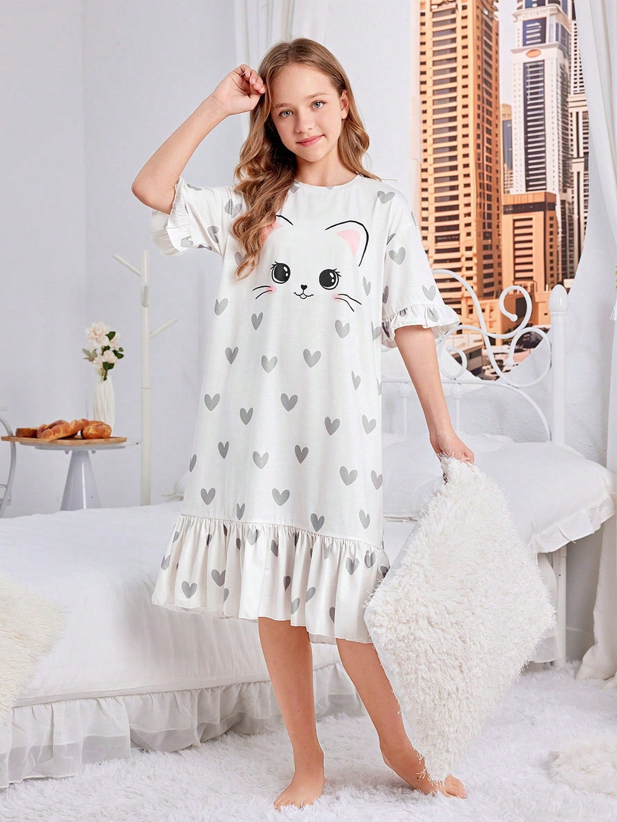 Tween Girl's Cute Cat Patterned Sleep Dress with Ruffled Hem, Half Sleeve, Long Length