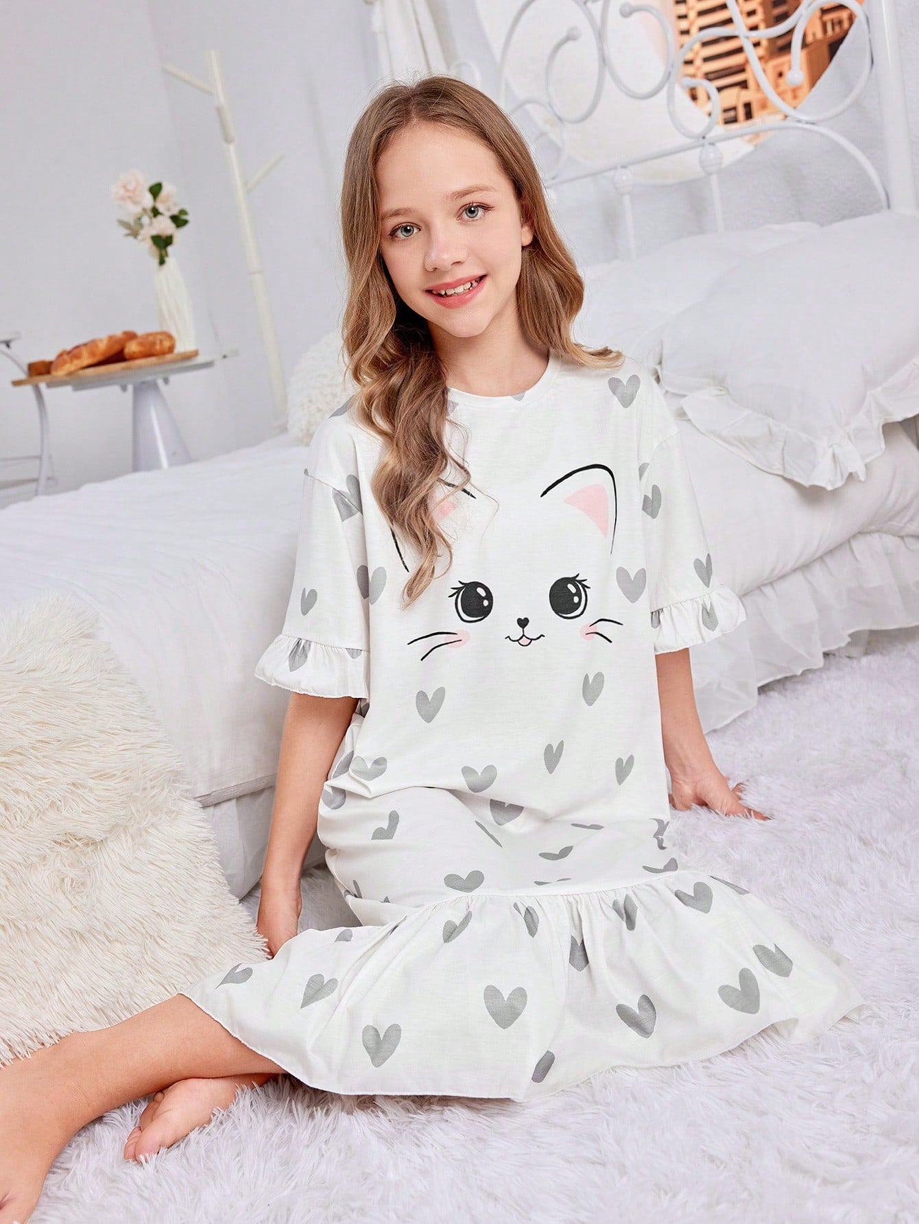 Tween Girl's Cute Cat Patterned Sleep Dress with Ruffled Hem, Half Sleeve, Long Length