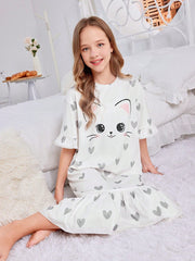 Tween Girl's Cute Cat Patterned Sleep Dress with Ruffled Hem, Half Sleeve, Long Length