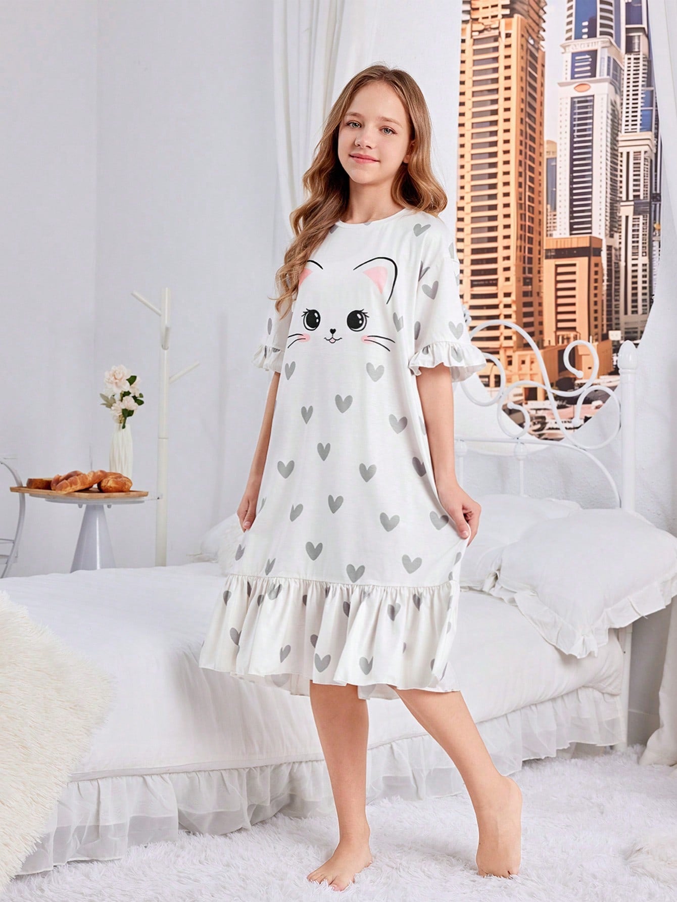 Tween Girl's Cute Cat Patterned Sleep Dress with Ruffled Hem, Half Sleeve, Long Length