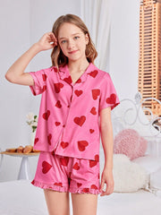 Tween Girl Heart Print Blouse & Ruffle Hem Shorts Set - Summer Party Outfit