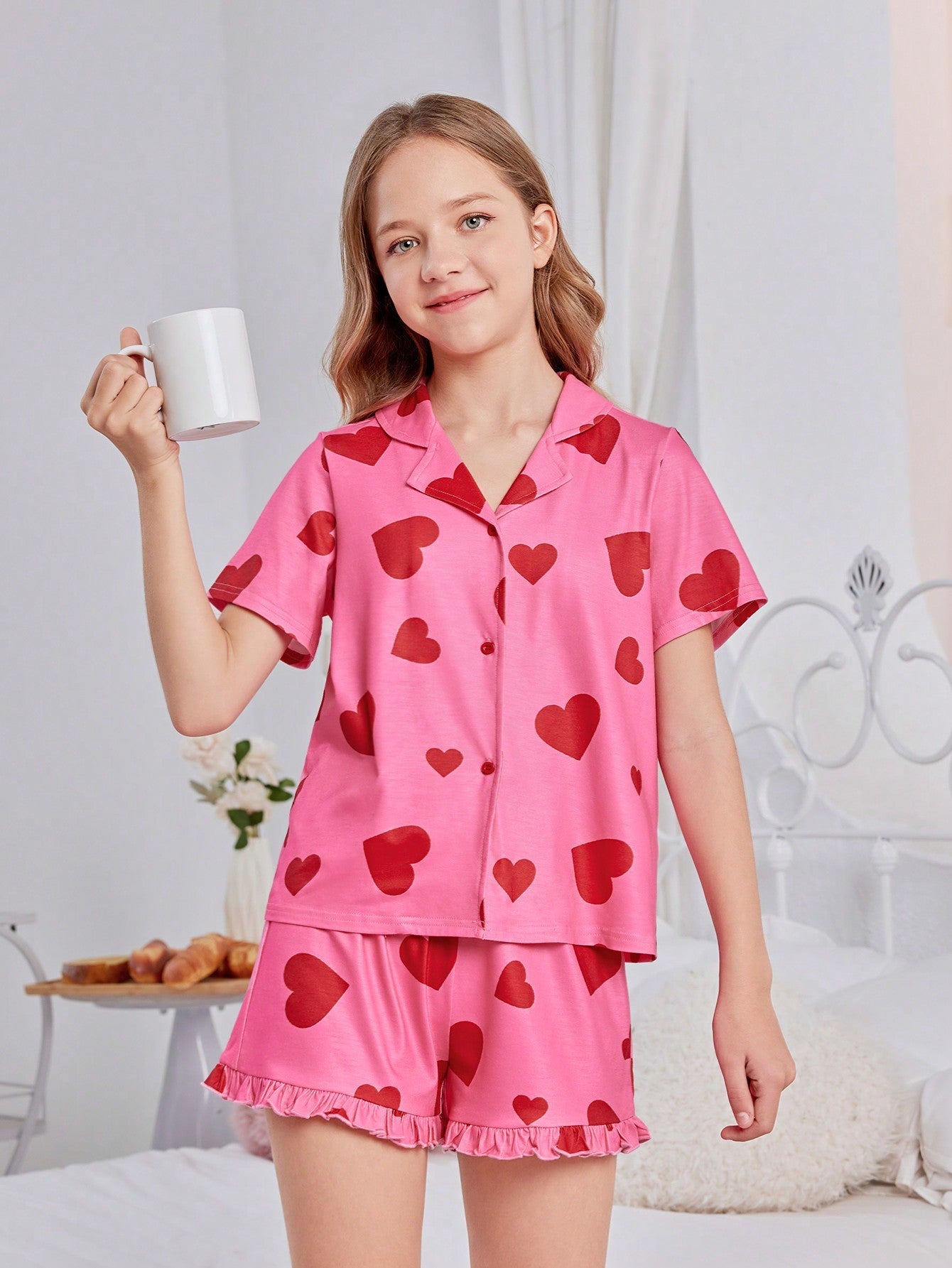 Tween Girl Heart Print Blouse & Ruffle Hem Shorts Set - Summer Party Outfit