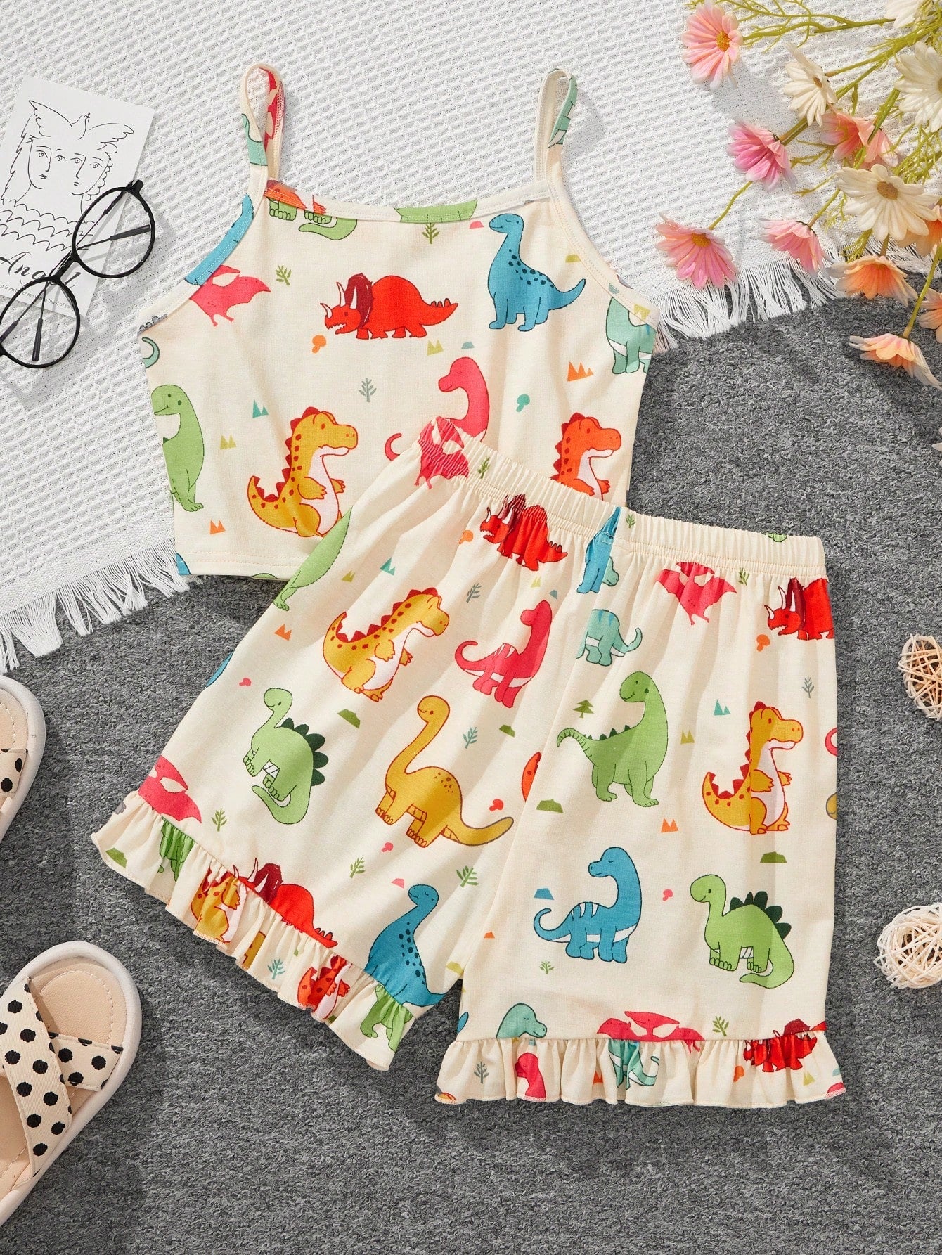 Cute Dinosaur Print Pajamas Set for Tween Girls - Ruffle Hem, Flame Retardant, Summer Casual