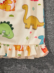 Cute Dinosaur Print Pajamas Set for Tween Girls - Ruffle Hem, Flame Retardant, Summer Casual