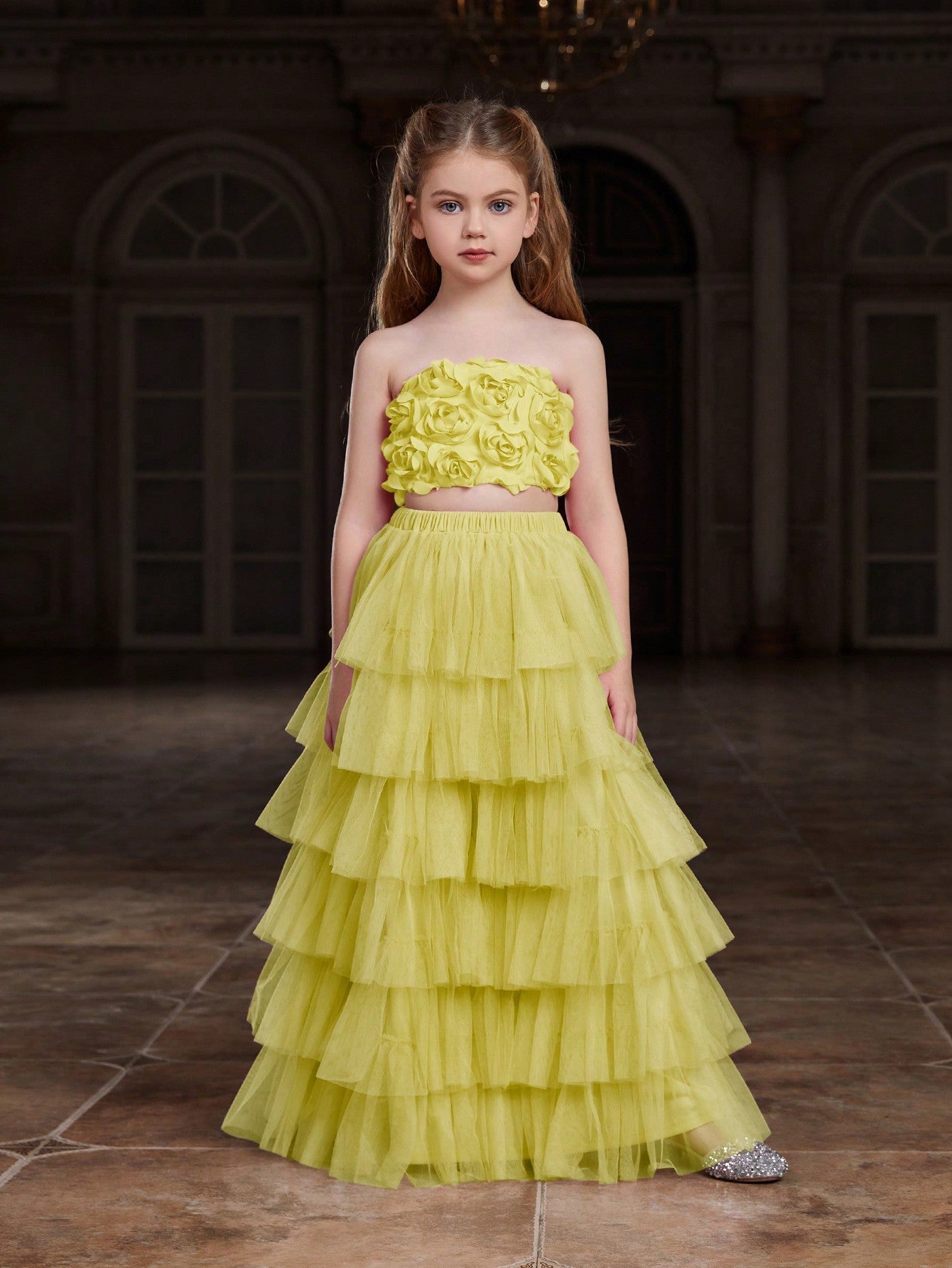 Tween Girl Sequined Strapless Top & Layered Tulle Skirt Party Set - A Line, Zipper, All Over Print