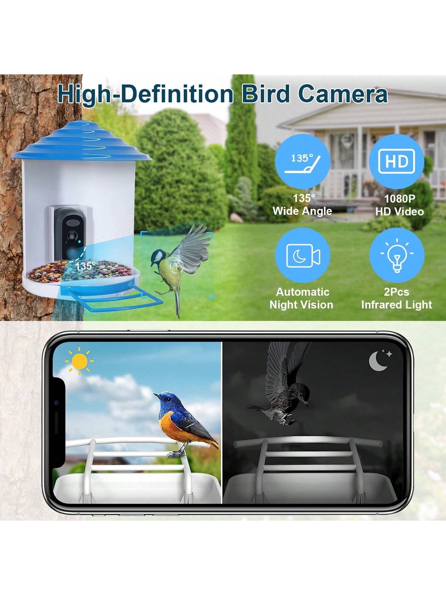 Smart Bird Feeder with Solar Camera, 1080P HD, AI Detection, WiFi, IP65 Waterproof