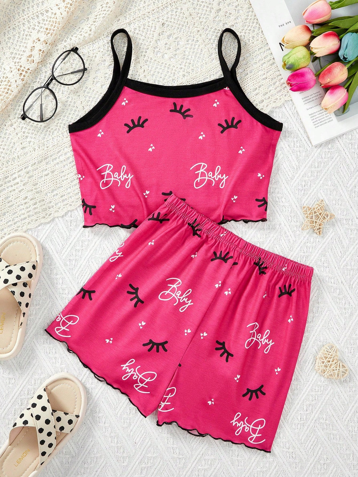 Cute Tween Girl Summer Tank Top & Shorts Set - Cartoon Print, Comfortable, Flame Resistant