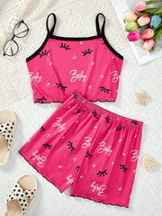 Cute Tween Girl Summer Tank Top & Shorts Set - Cartoon Print, Comfortable, Flame Resistant