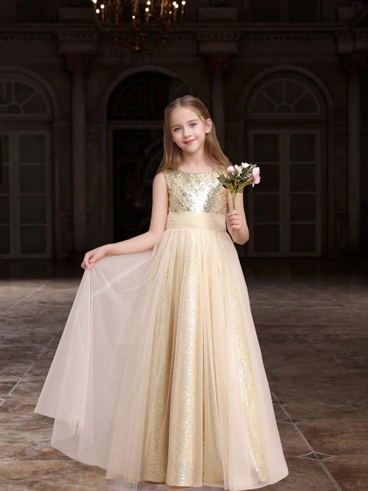 Tween Girl Sequin Tulle Sleeveless Formal Dress - Wedding, Birthday, Party Gown