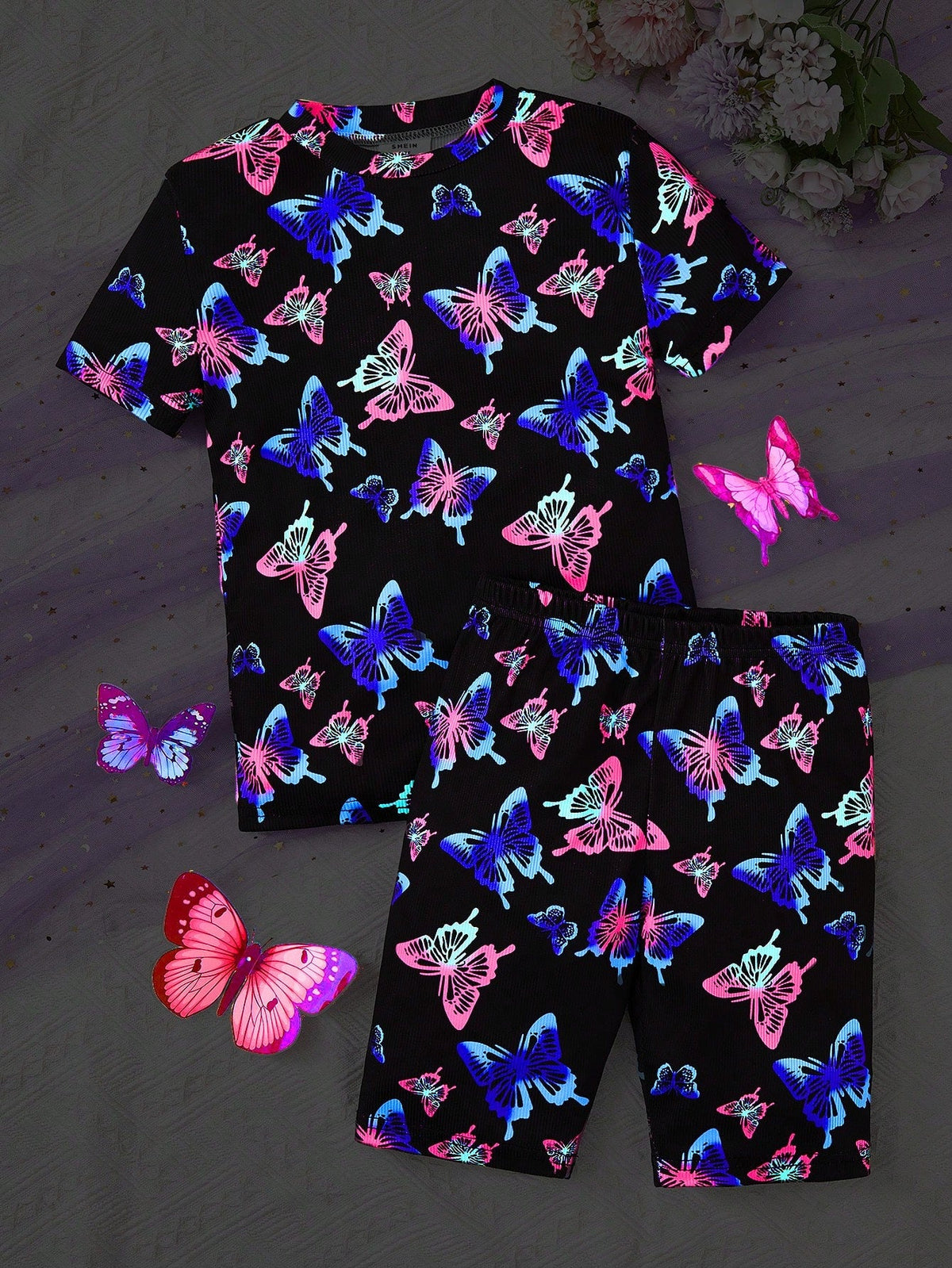 Tween Girls' Butterfly Night Light Top & Shorts Set - Casual, All Over Print, High Stretch