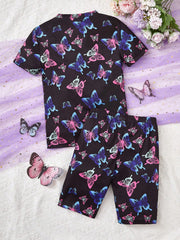 Tween Girls' Butterfly Night Light Top & Shorts Set - Casual, All Over Print, High Stretch