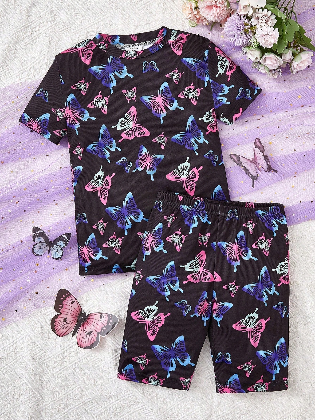 Tween Girls' Butterfly Night Light Top & Shorts Set - Casual, All Over Print, High Stretch