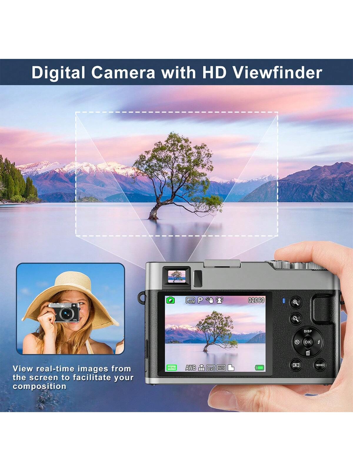 4K Digital Camera, 48MP Vlogging Camera with 32GB SD Card, LED Flash, Autofocus, 16X Zoom, 2 Batteries