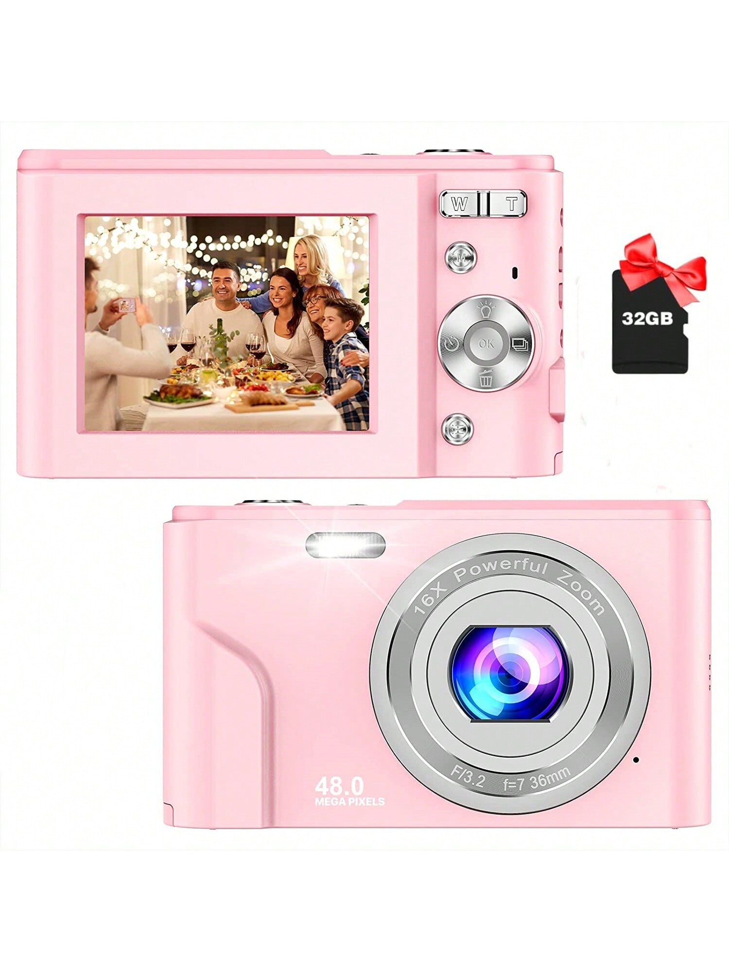 Kids Digital Camera, 1080P 48MP with 32GB SD Card, 2.4 Inch Screen, 16X Zoom, Compact Mini