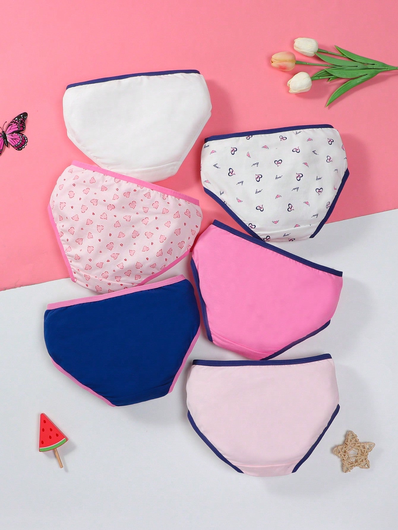 Tween Girl 6-Pack Triangle Panties - Heart Print, Color-Blocking, Contrast Binding, Stretch Fabric