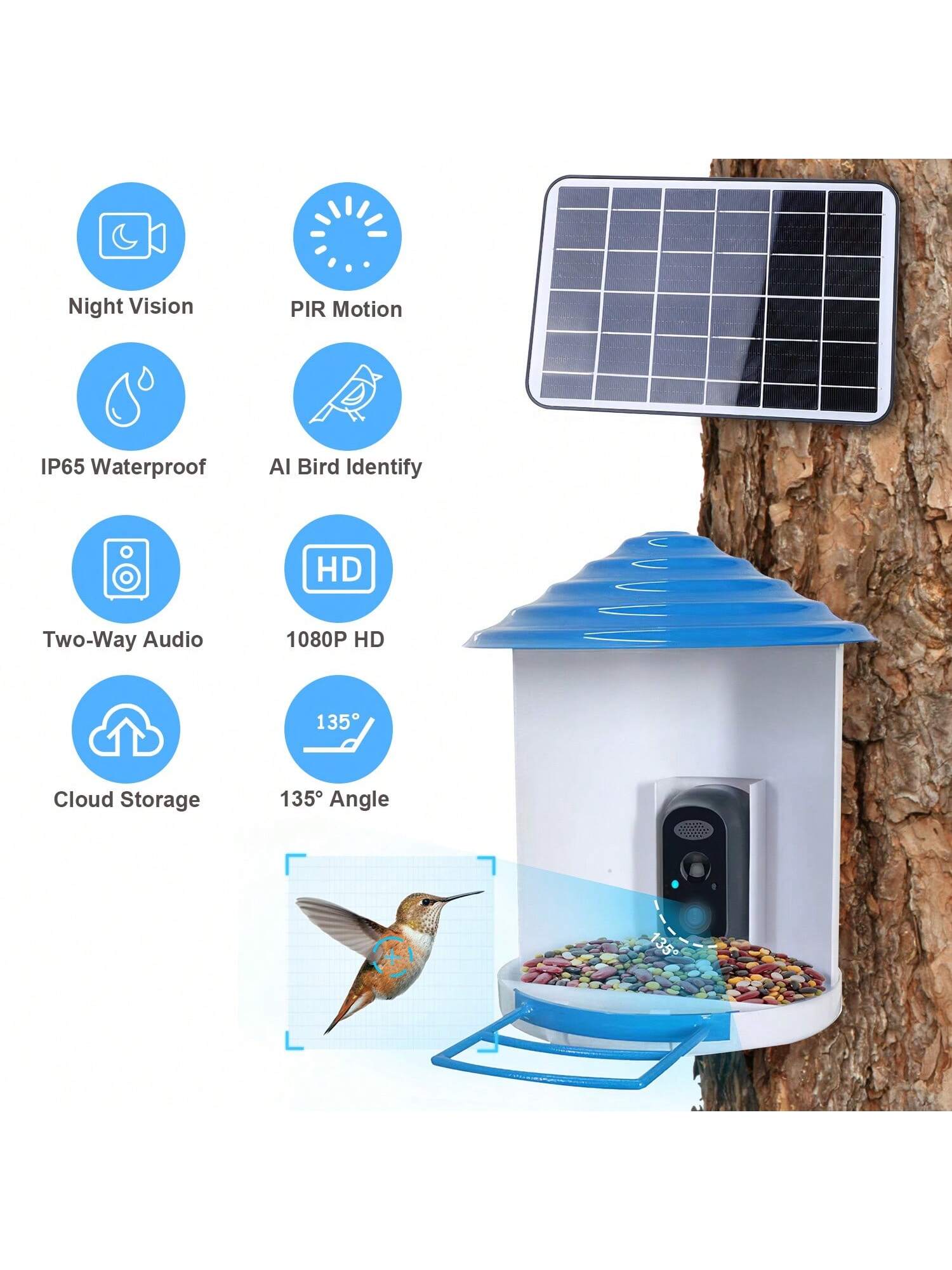 Smart Bird Feeder with Solar Camera, 1080P HD, AI Detection, WiFi, IP65 Waterproof