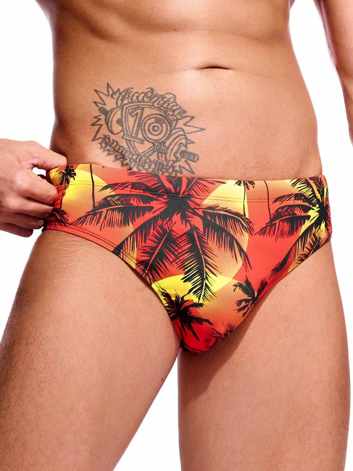 Men's Palm Tree Print Swim Trunks - High Stretch, Short Length, Vacation Ready
