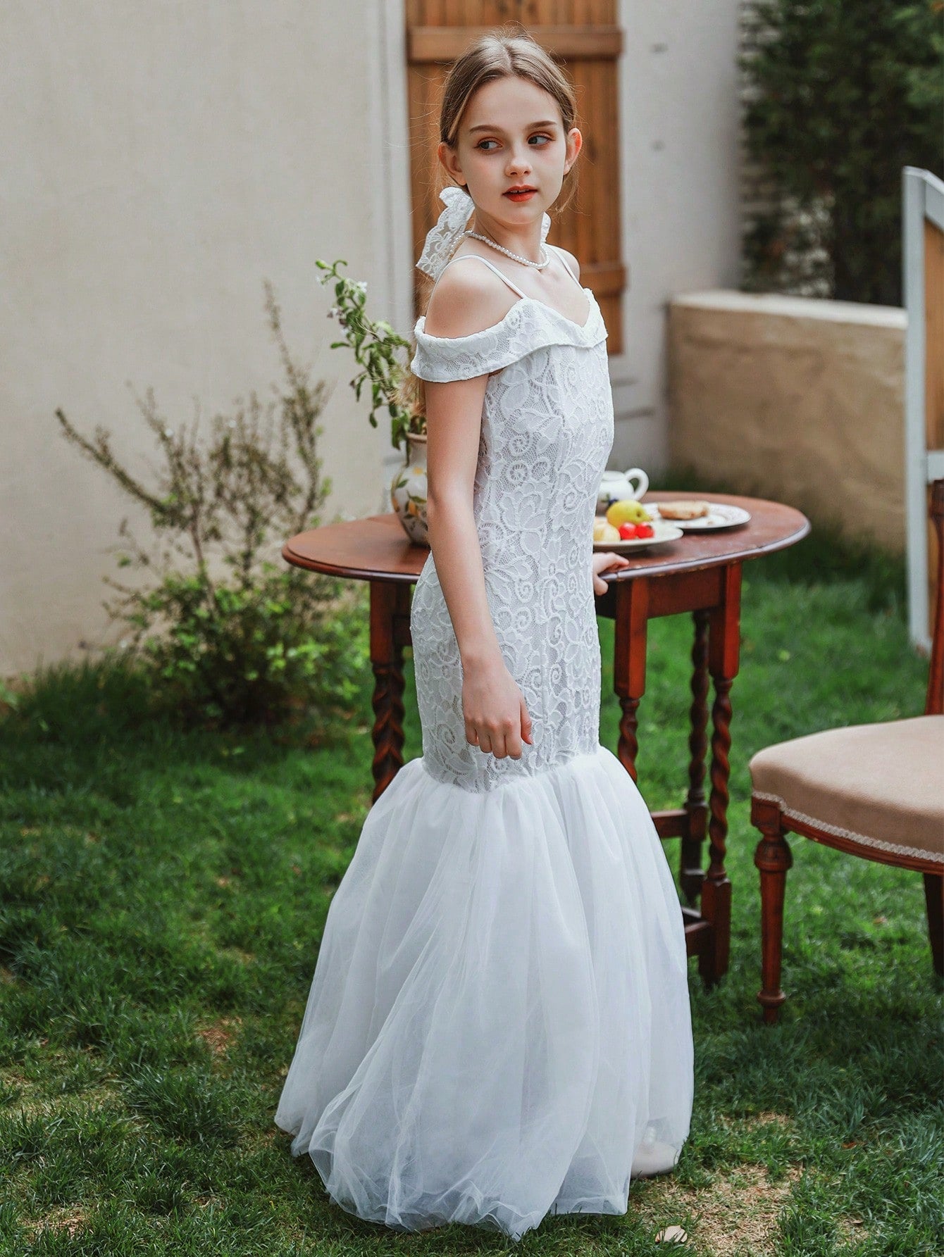 Elegant Tween Girl White Fish-Tail Formal Dress - Parties, Birthdays, Weddings