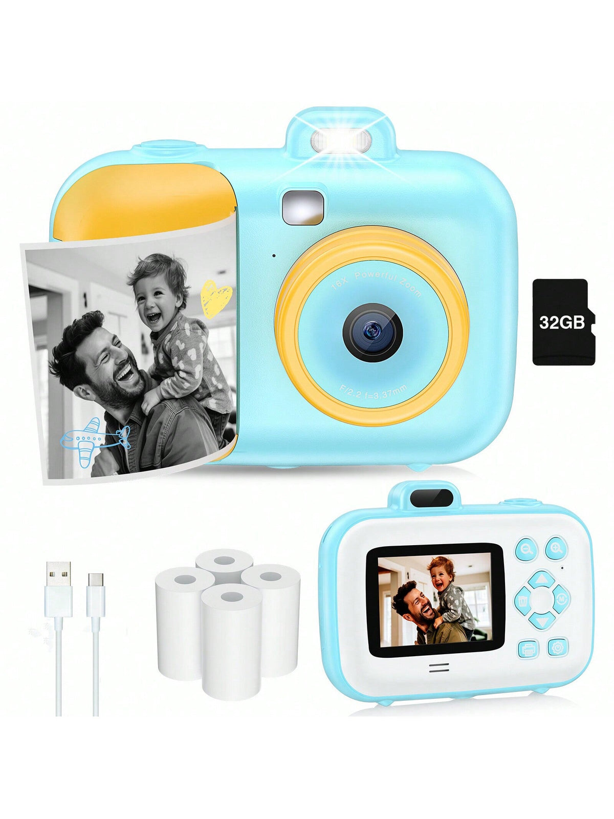 Instant Selfie Digital Camera with 4 Rolls Print Paper & 32G Card, 1080P Video & Print