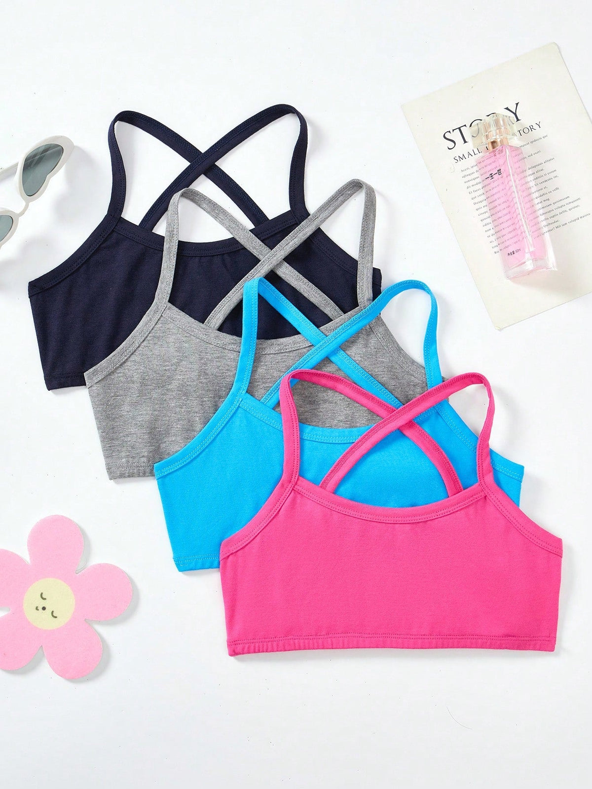 Tween Girl 4pcs Sporty Racerback Sports Bra Set - Breathable, Criss Cross, Slight Stretch