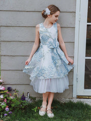 Tween Girls Wedding Dress - Silver Embroidery, Mesh Overlay, 3D Bow, Ideal for Events