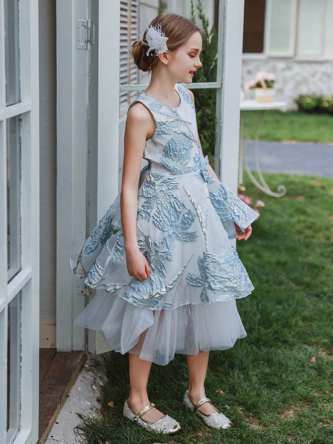 Tween Girls Wedding Dress - Silver Embroidery, Mesh Overlay, 3D Bow, Ideal for Events