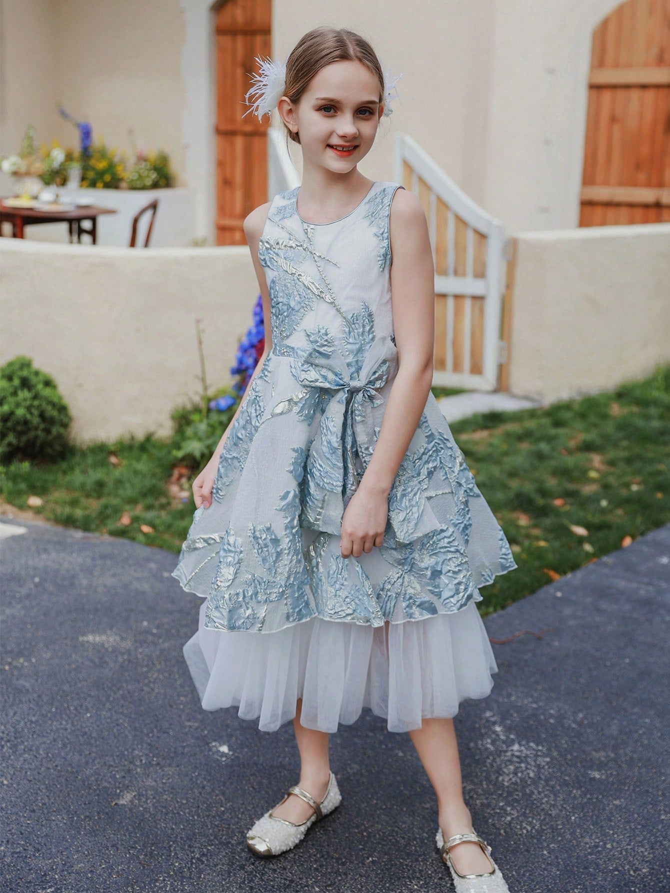 Tween Girls Wedding Dress - Silver Embroidery, Mesh Overlay, 3D Bow, Ideal for Events