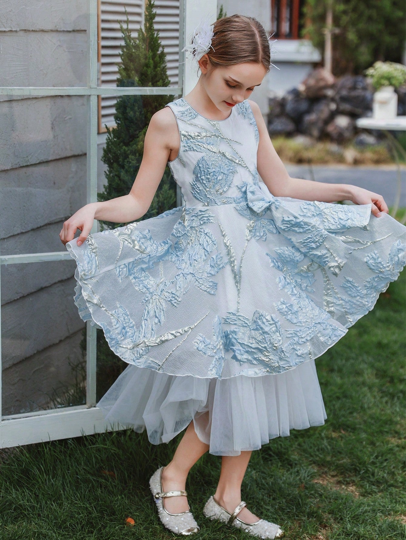 Tween Girls Wedding Dress - Silver Embroidery, Mesh Overlay, 3D Bow, Ideal for Events