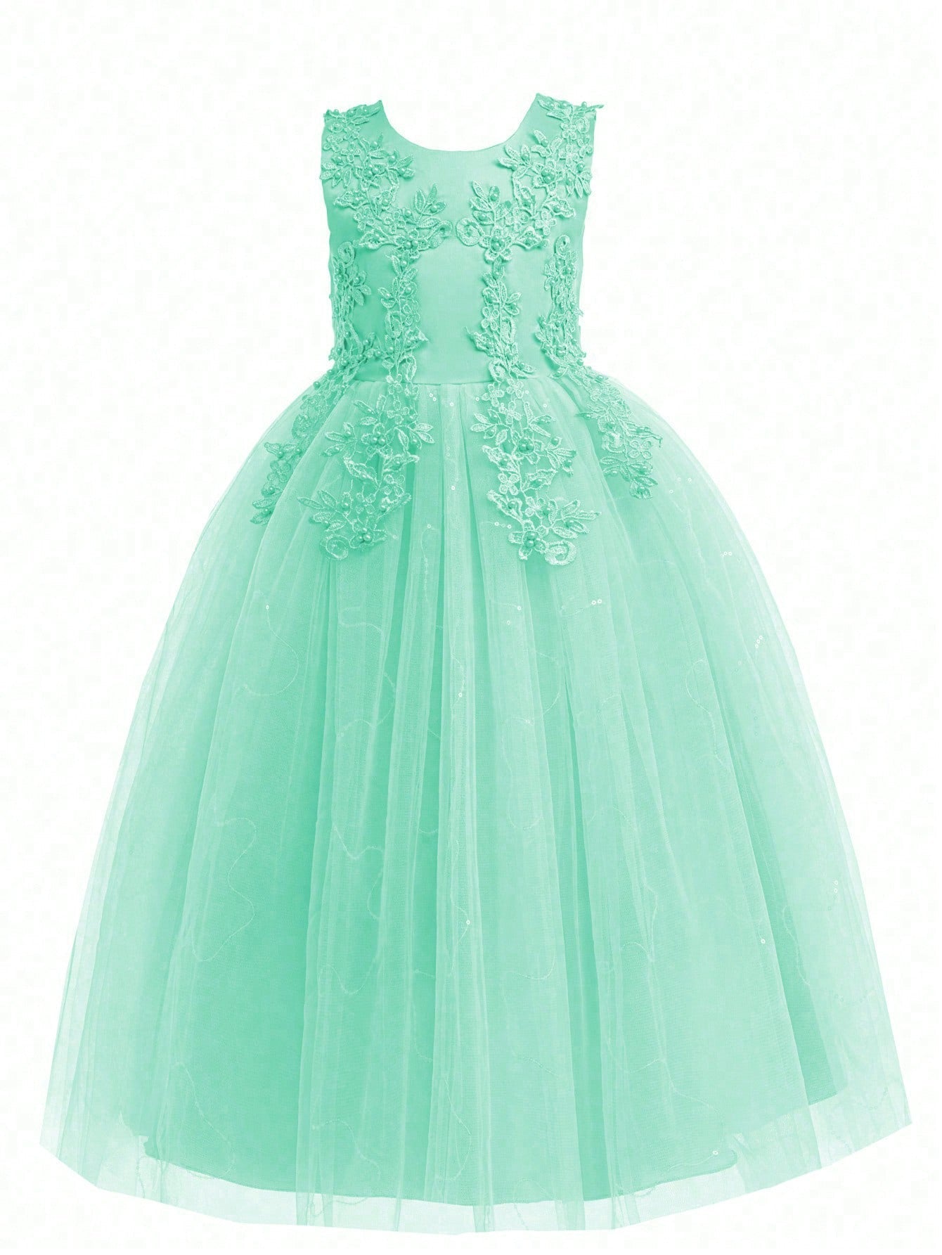 Tween Girl Lace Beaded Party Dress - Sleeveless Fit & Flare Ball Gown