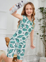 Cute Ocean Life Print Tween Girl Short Sleeve T-Shirt & Shorts Set - High Stretch, Machine Washable