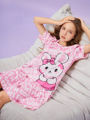 Tween Girl Cute Animal Print Short Sleeve Flame-Retardant Casual Home Dress