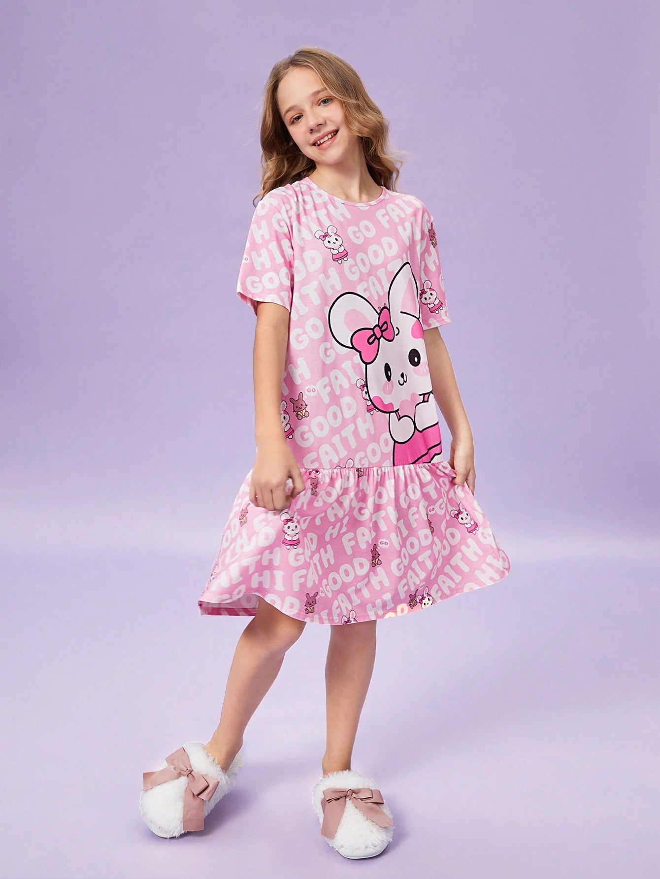 Tween Girl Cute Animal Print Short Sleeve Flame-Retardant Casual Home Dress