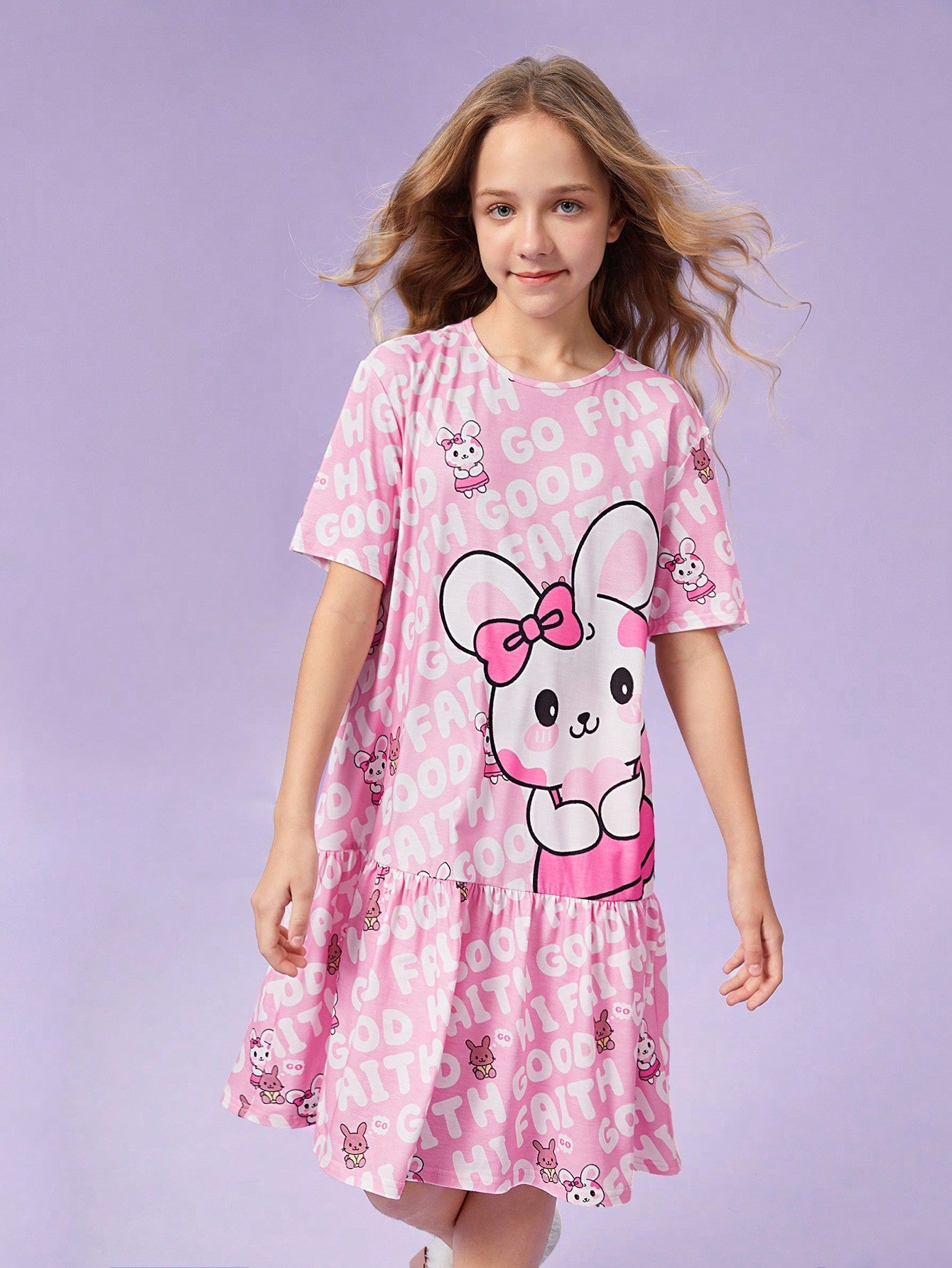 Tween Girl Cute Animal Print Short Sleeve Flame-Retardant Casual Home Dress