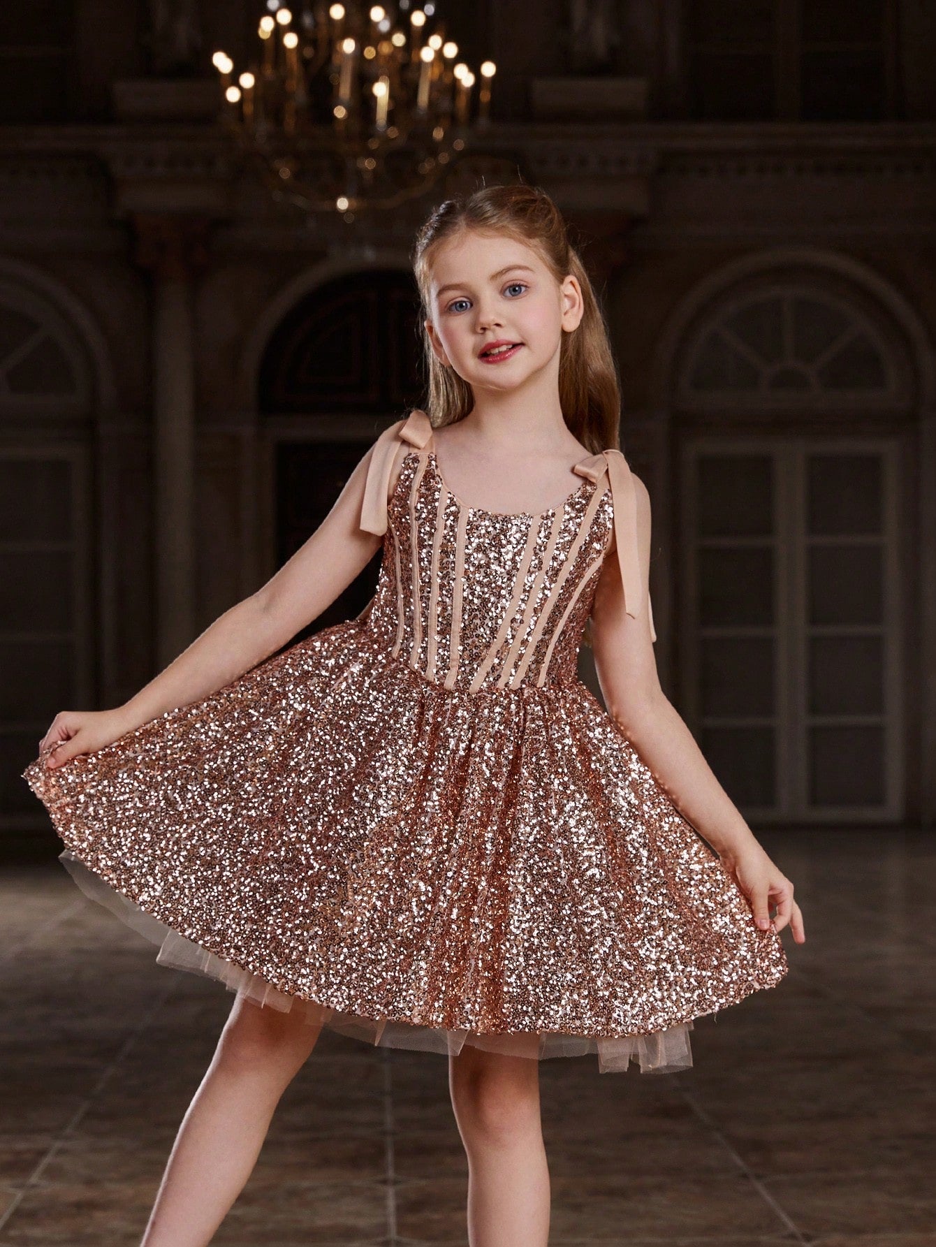 Tween Girl Shiny Sleeveless Party Dress - Fit & Flare, High Waist, Midi Length