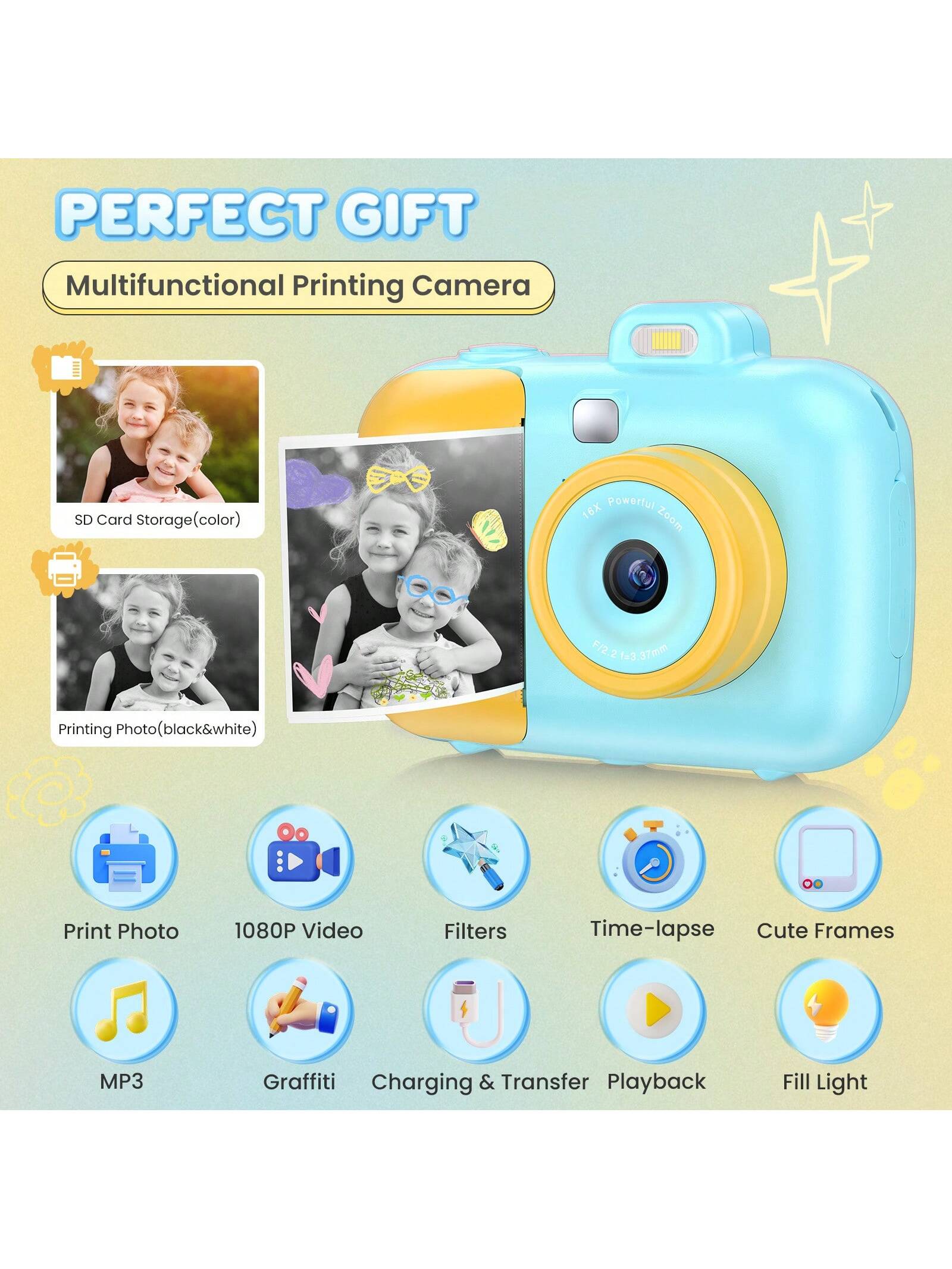 Instant Selfie Digital Camera with 4 Rolls Print Paper & 32G Card, 1080P Video & Print