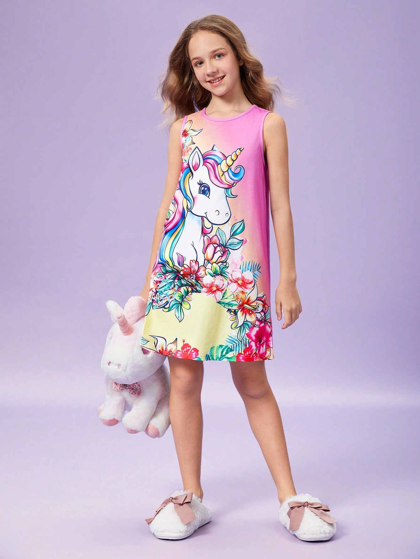 Cute Tween Girl Unicorn Print Sleeveless Nightdress - Long, Soft, Machine Washable