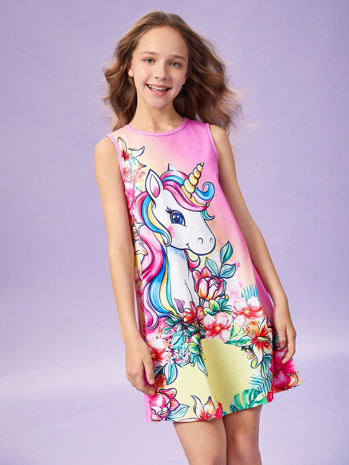 Cute Tween Girl Unicorn Print Sleeveless Nightdress - Long, Soft, Machine Washable