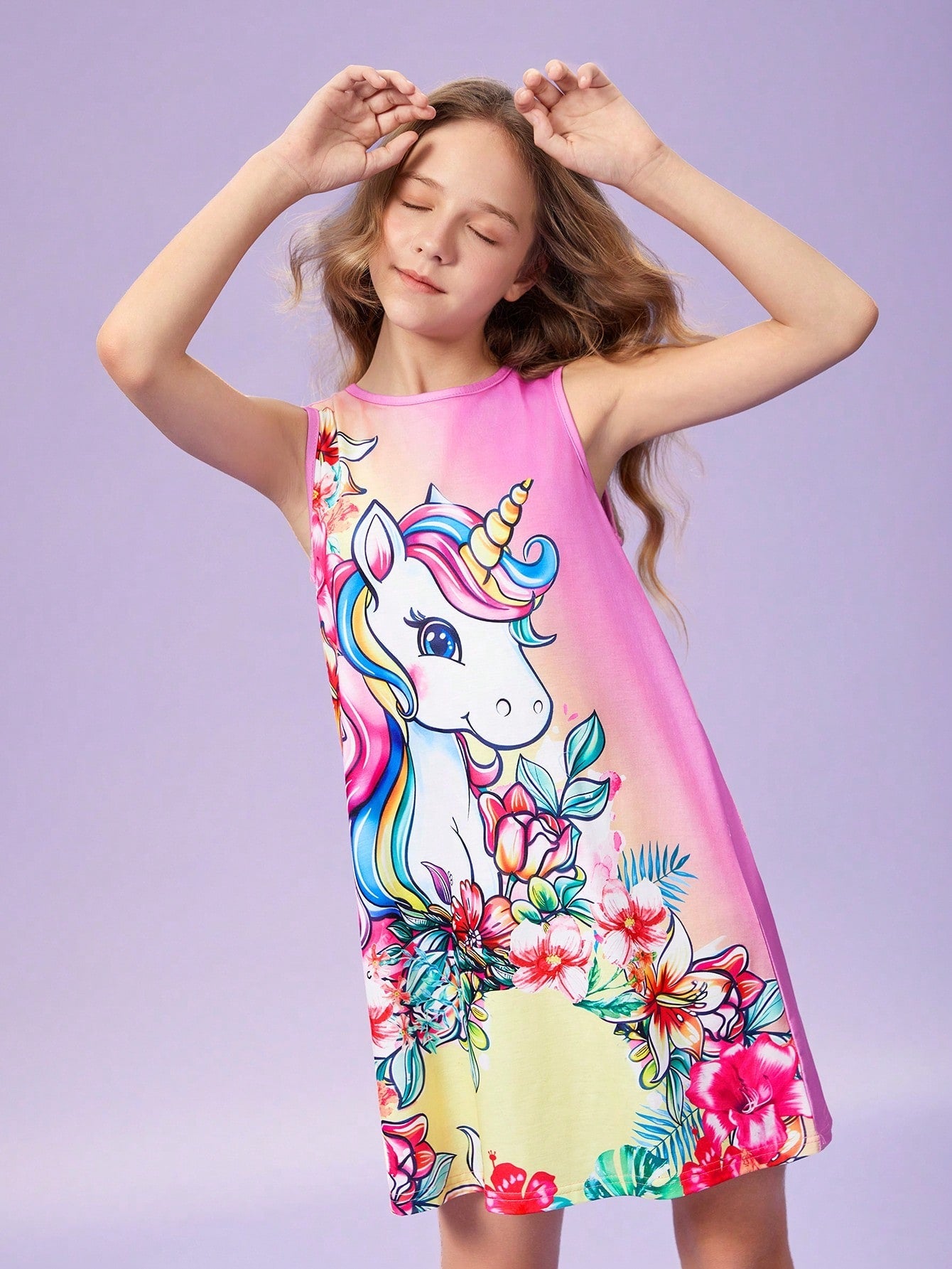 Cute Tween Girl Unicorn Print Sleeveless Nightdress - Long, Soft, Machine Washable