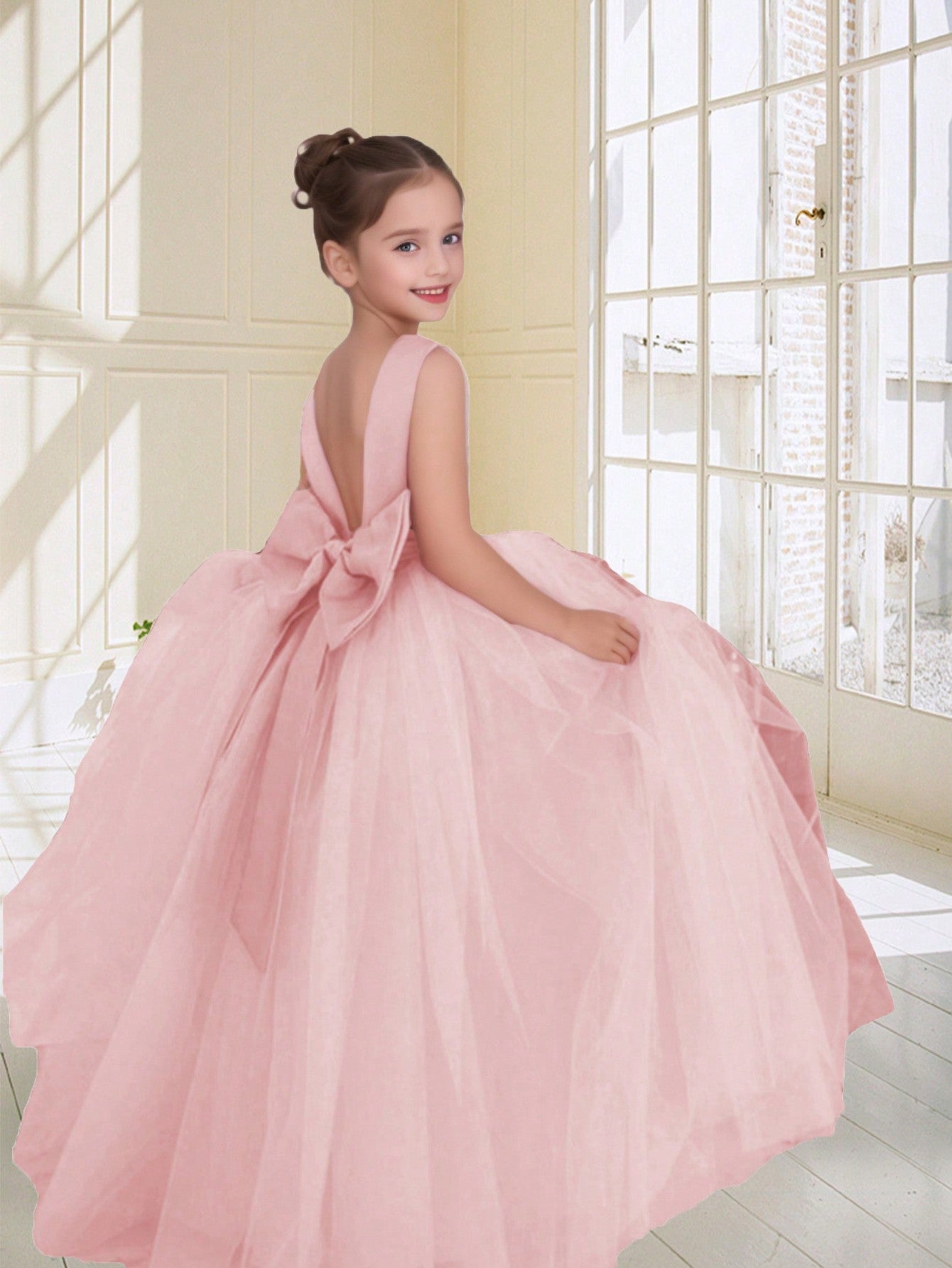 Elegant Tween Girl Flower Mesh Dress with Pearl & Bow - Wedding, Party, Evening