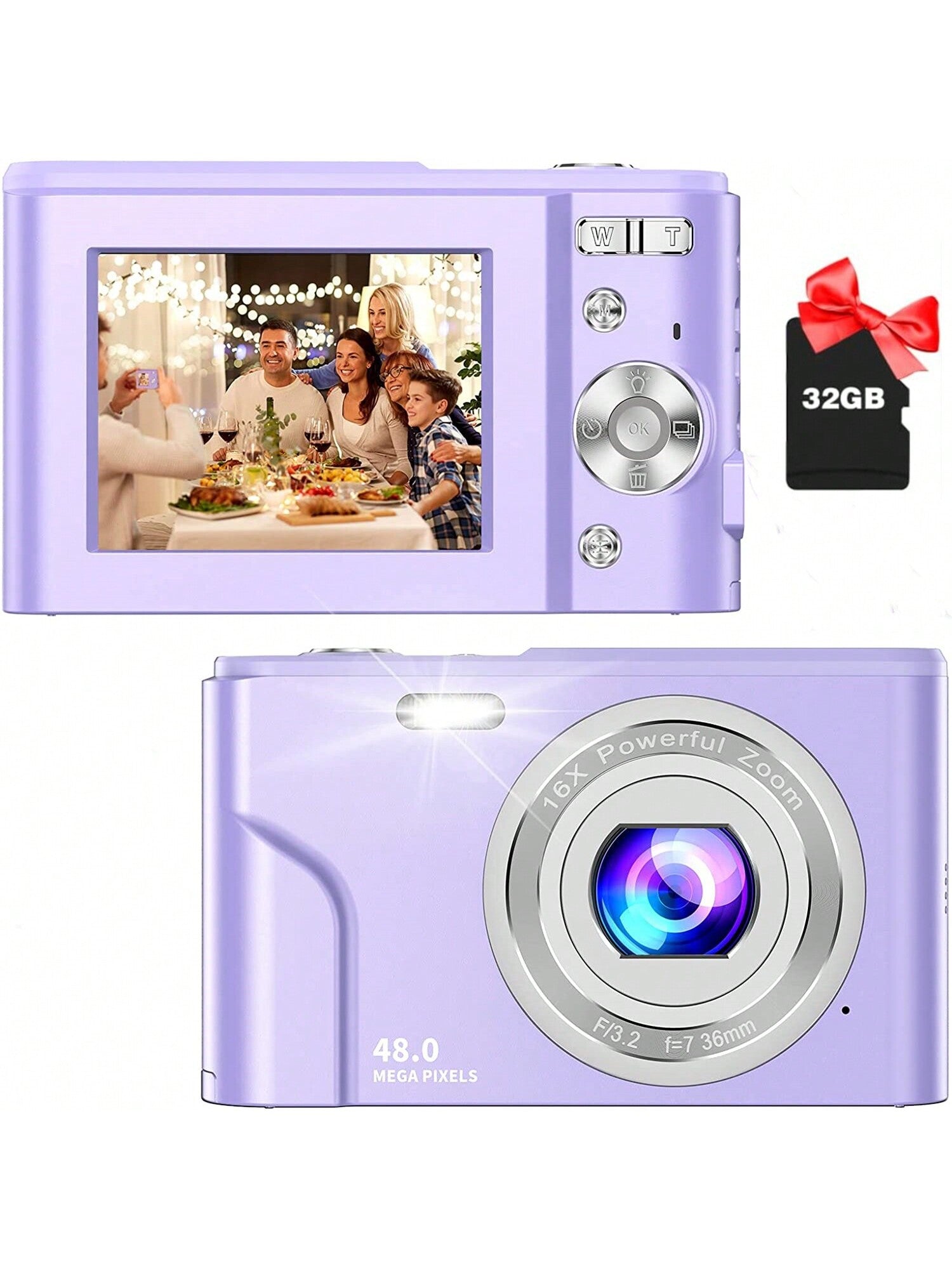 Auto Focus Digital Camera, FHD 1080P/48MP, 32GB Card, 16X Zoom, Portable for Beginners