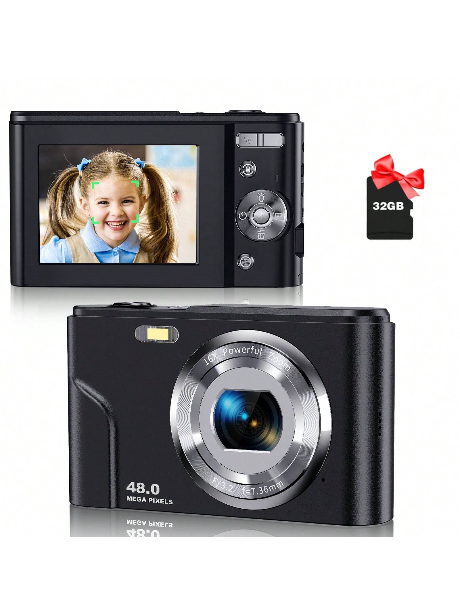 Auto Focus Digital Camera, FHD 1080P/48MP, 32GB Card, 16X Zoom, Portable for Beginners