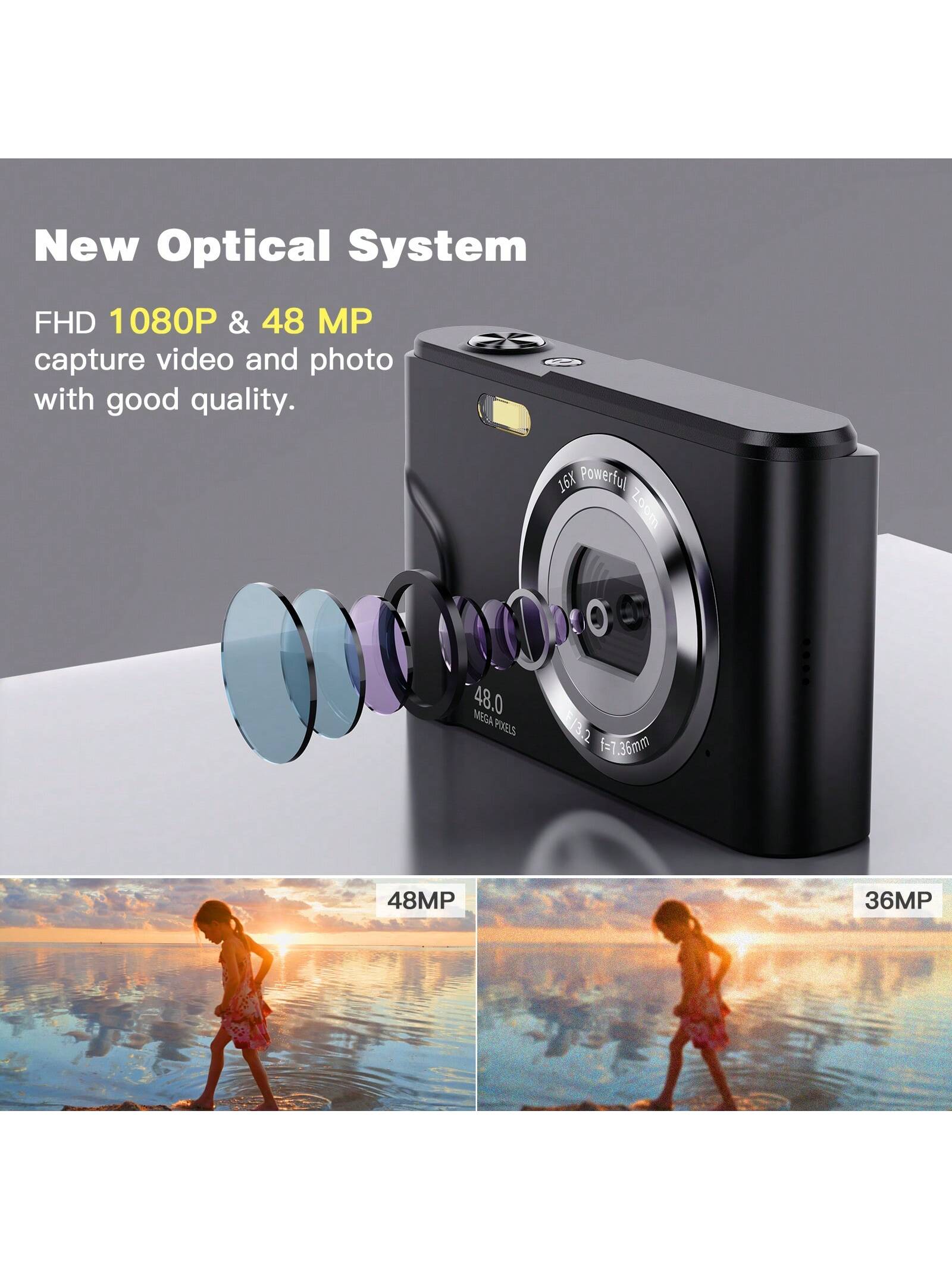 Auto Focus Digital Camera, FHD 1080P/48MP, 32GB Card, 16X Zoom, Portable for Beginners