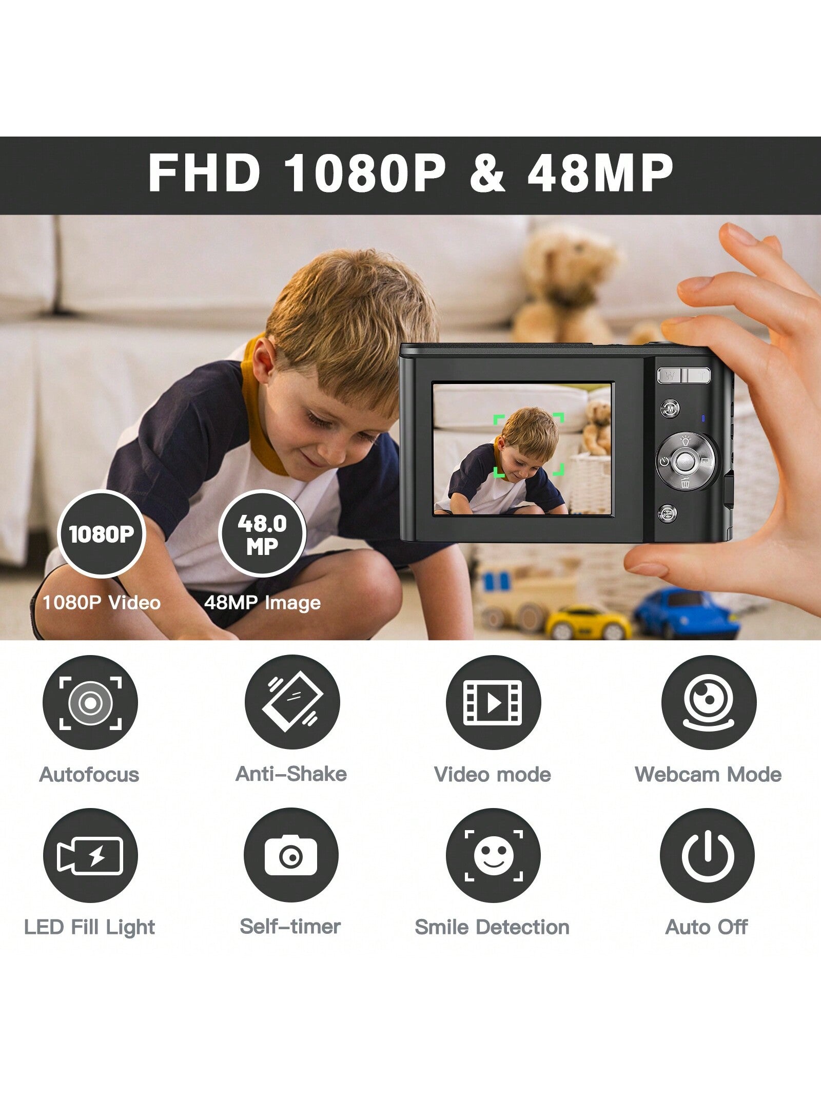 Auto Focus Digital Camera, FHD 1080P/48MP, 32GB Card, 16X Zoom, Portable for Beginners