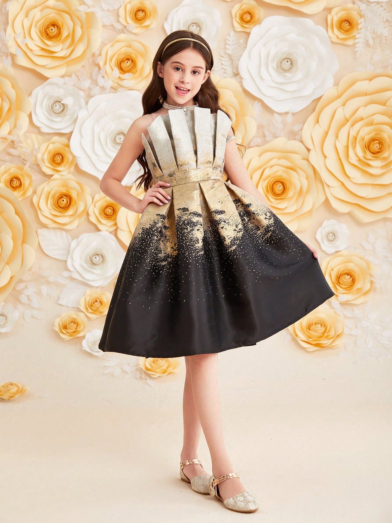 Vintage Gradient Brocade Party Dress for Tween Girls - Spaghetti Strap, Sleeveless, Fit & Flare