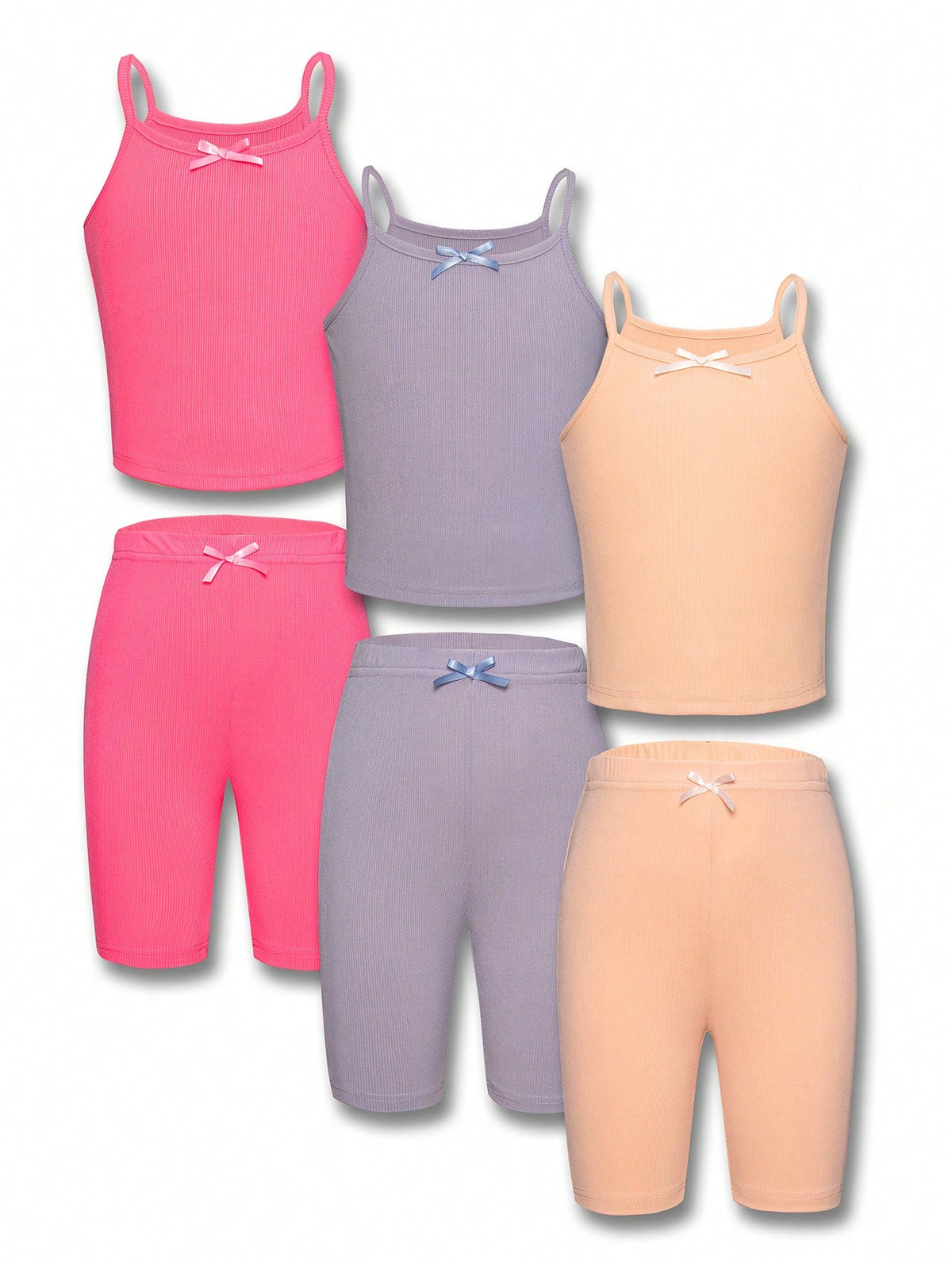 Tween Girl Ribbed 3-Piece Camisole & Shorts Set - Casual Lingerie, Bow Detail, Medium Stretch