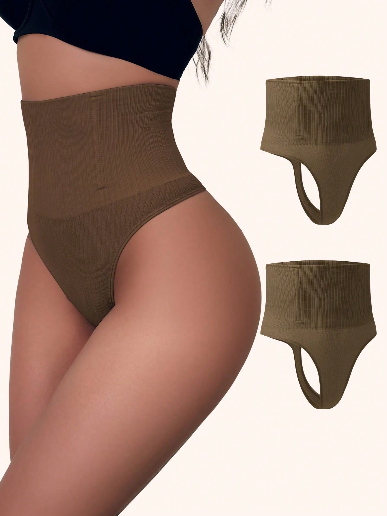 2pcs High Waist Tummy Control Thong Shapewear with Steel Bone Support