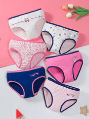 Tween Girl 6-Pack Triangle Panties - Heart Print, Color-Blocking, Contrast Binding, Stretch Fabric