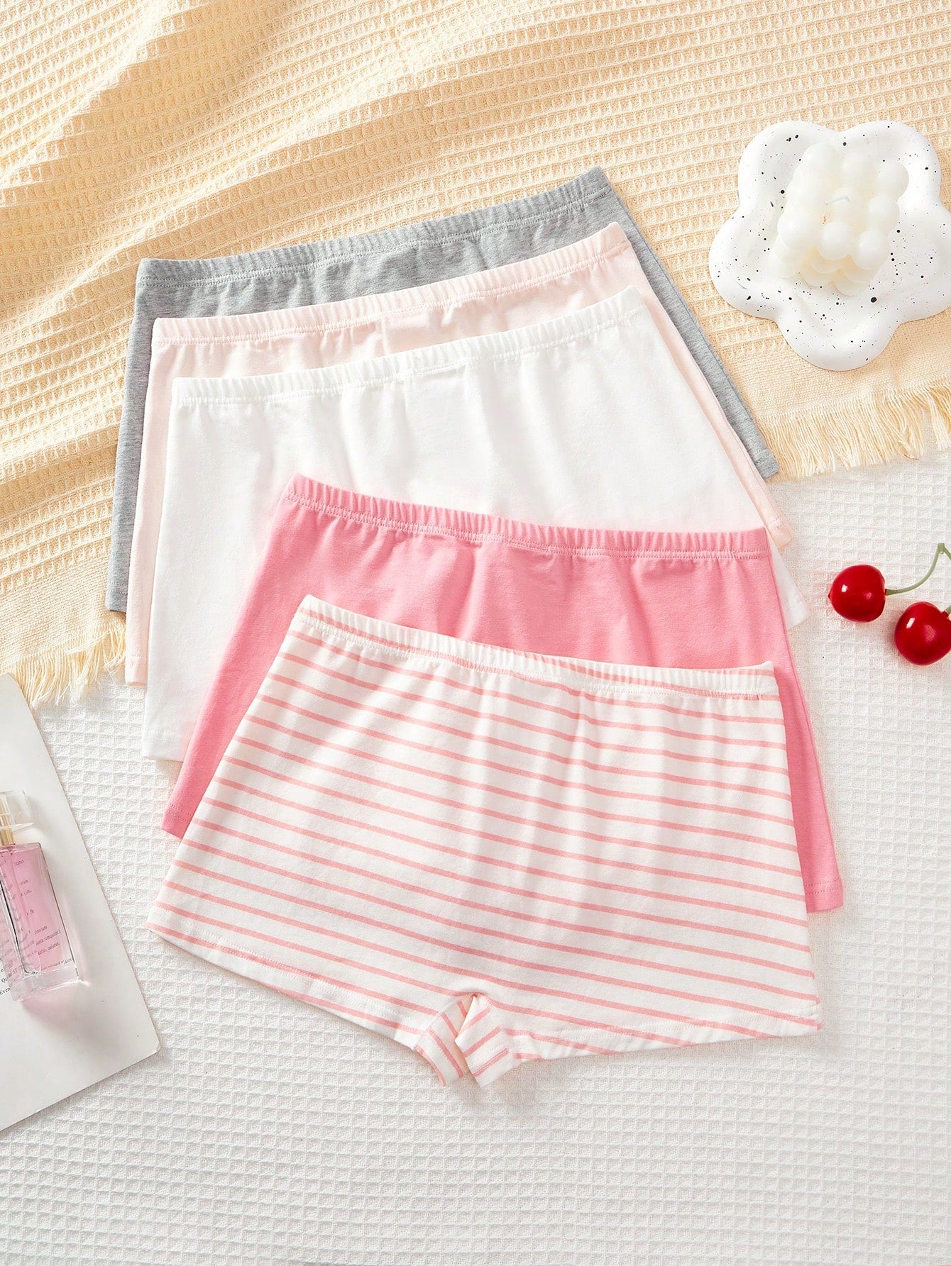 Tween Girl 5pcs Striped Knitted Shorts with 3D Bow - Comfortable & Breathable Briefs