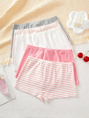 Tween Girl 5pcs Striped Knitted Shorts with 3D Bow - Comfortable & Breathable Briefs